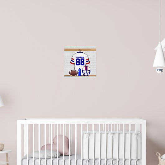 白パーソナライズされた赤ブルーサッカージャージー ポスター (子ども部屋2)