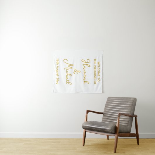 白パーソナライズされた金ゴールドのファブリッ結婚クへようこそ タペストリー (インサイチュ(横))