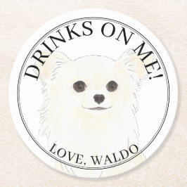 白パーソナライズされた長髪チワワ結婚ス ラウンドペーパーコースター