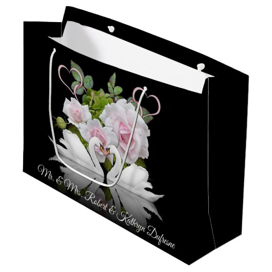 白パーソナライズされた鳥結婚/記念日 ラージペーパーバッグ (正面アングル)