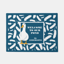 白パーソナライズされた鴨と羽毛ネイビーブルー ドアマット