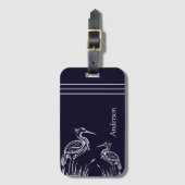 白パーソナライズされた鷺の鳥ネイビーブルー ラゲッジタグ (正面縦)