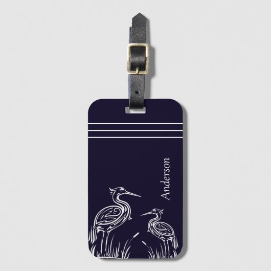 白パーソナライズされた鷺の鳥ネイビーブルー ラゲッジタグ (正面縦)