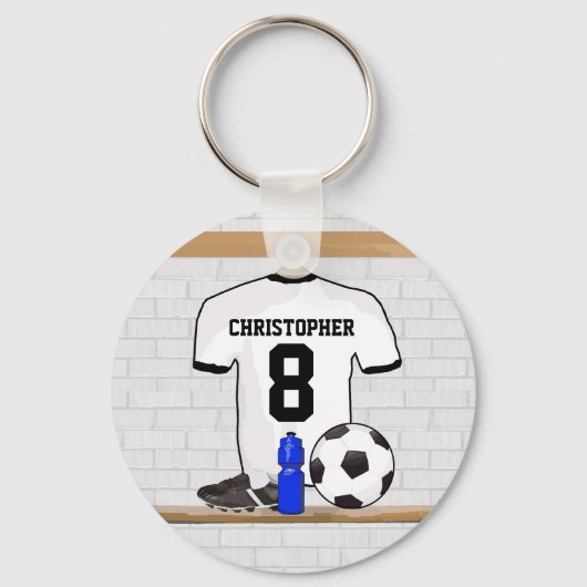白パーソナライズされた黒サッカージャージー キーホルダー (正面)