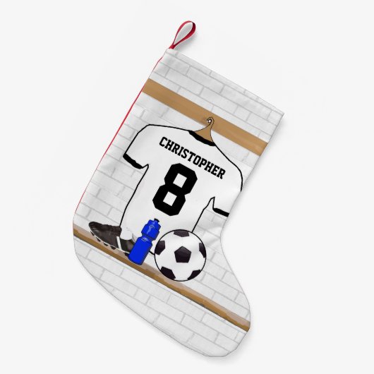 白パーソナライズされた黒サッカージャージー スモールクリスマスストッキング (正面 (吊り時))