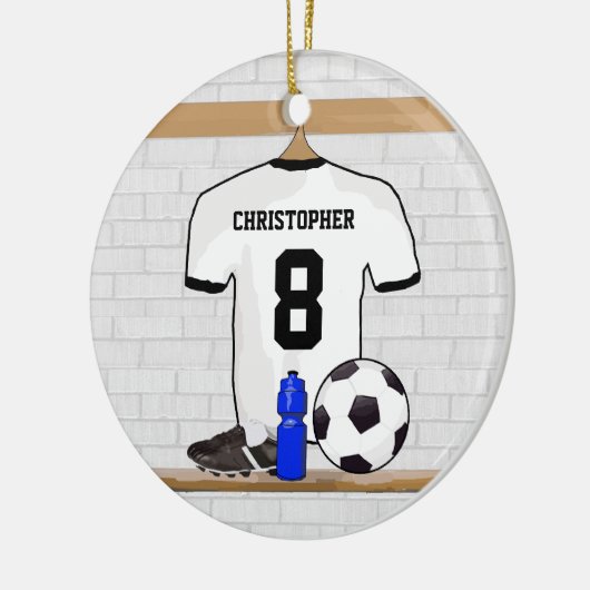白パーソナライズされた黒サッカージャージー セラミックオーナメント (左)