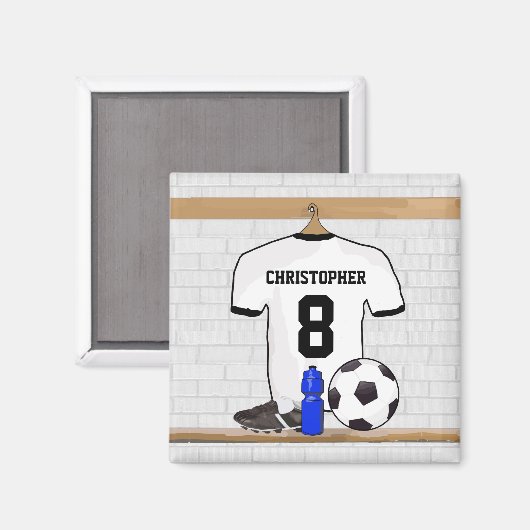 白パーソナライズされた黒サッカージャージー マグネット (正面/裏面)