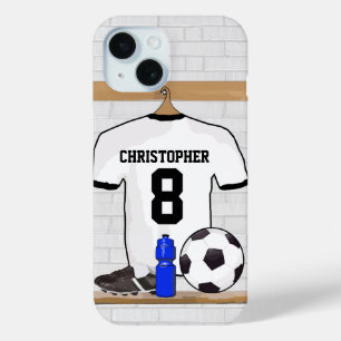 白パーソナライズされた黒サッカージャージー iPhone 15ケース