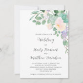 白パープルフローラの緑のユーカリ多肉類 招待状 (正面)