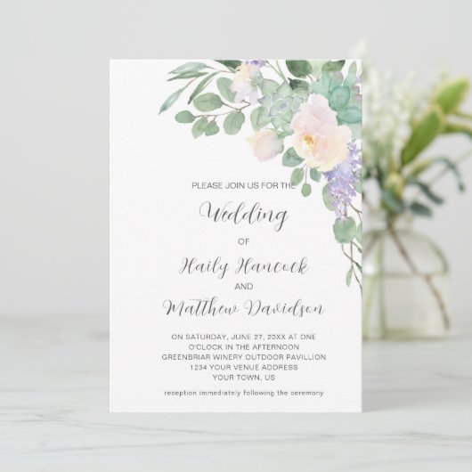 白パープルフローラの緑のユーカリ多肉類 招待状 (スタンド正面)