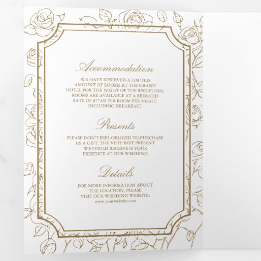 白ビクトリアンと金ゴールドのカトリックQRコード結婚 三つ折り招待状 (内部最初)