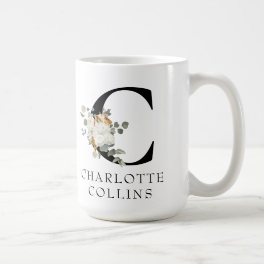 白ビクトリアンフローラモノグラムC （名前） コーヒーマグカップ (右)