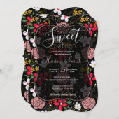 白ピかわいらしンクのフローラ黒ブラシストローク 招待状 (正面/裏面)