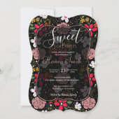 白ピかわいらしンクのフローラ黒ブラシストローク 招待状 (正面)