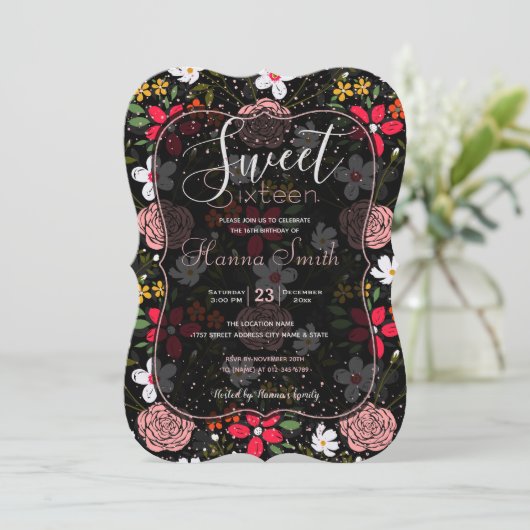 白ピかわいらしンクのフローラ黒ブラシストローク 招待状 (スタンド正面)