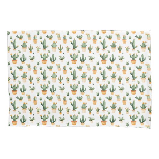 白ピローケースにポッテッドサボテン 枕カバー (正面)