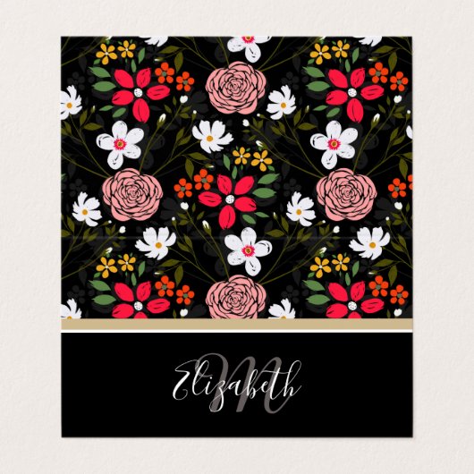 白ピンクかわいらしフローラ黒ブラシストローク 名刺 (外部フラット)