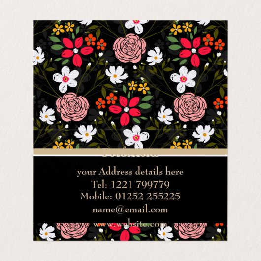 白ピンクかわいらしフローラ黒ブラシストローク 名刺 (内部フラット)