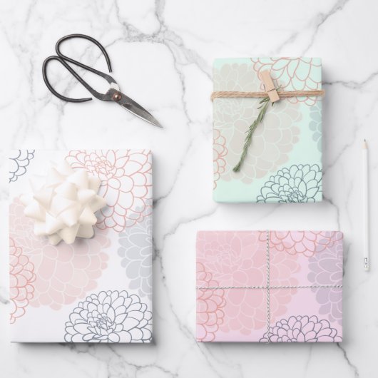 白ピンクと青のダリアスラッピング紙セット ラッピングペーパーシート (正面)