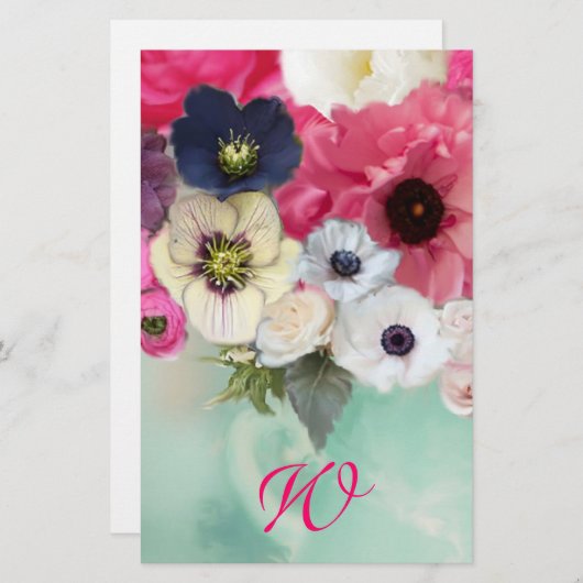 白ピンクのバラとアネモネの花モノグラム 便箋 (正面/裏面)