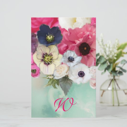 白ピンクのバラとアネモネの花モノグラム 便箋 (スタンド正面)
