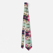 白ピンクのバラ、アネモネの花、アクアブルーの花 ネクタイ (裏面)