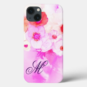 白ピンクのバラ、赤いアネモネの花のモノグラム iPhone 13ケース