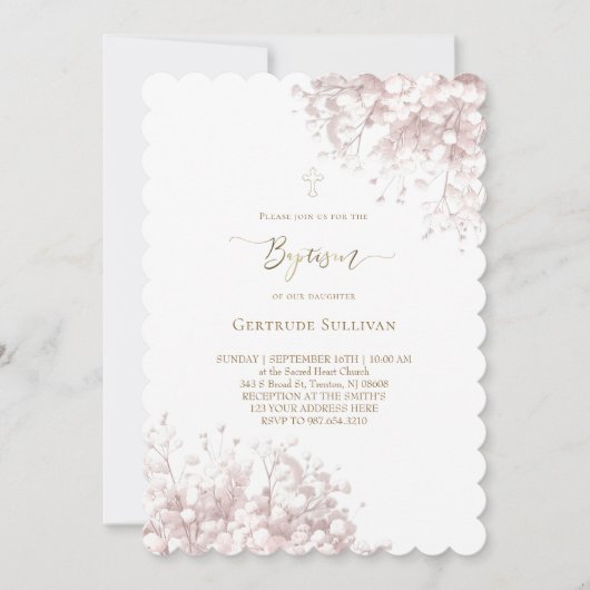 白ピンクのベビーの息の花バプテスマ 招待状 (正面)