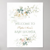 白ピンクの花ベビーシャワー歓迎サイン ポスター (正面)