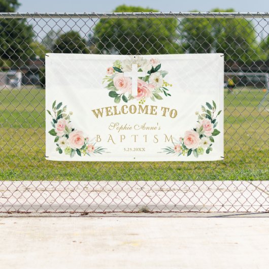 白ピンクの花女の子バプティスクロウェルカムサイン 横断幕 (インサイチュ)