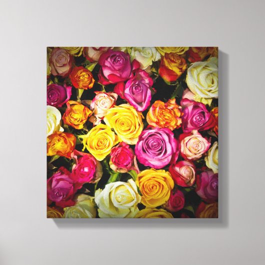白ピンクの黄色いバラの花束 キャンバスプリント (正面)