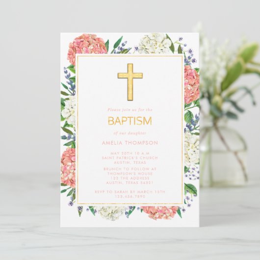 白ピンクエレガントアジサイ金ゴールドクロスバプテスマ 招待状 (スタンド正面)