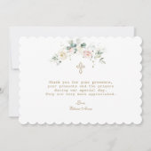 白ピンク魅力的フローラ金ゴールドクロスバプテスマ サンキューカード (正面)