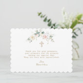 白ピンク魅力的フローラ金ゴールドクロスバプテスマ サンキューカード (スタンド正面)