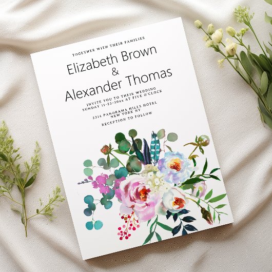白ピンク ティールグリーン 牡丹 花のボホーウェディング 招待状