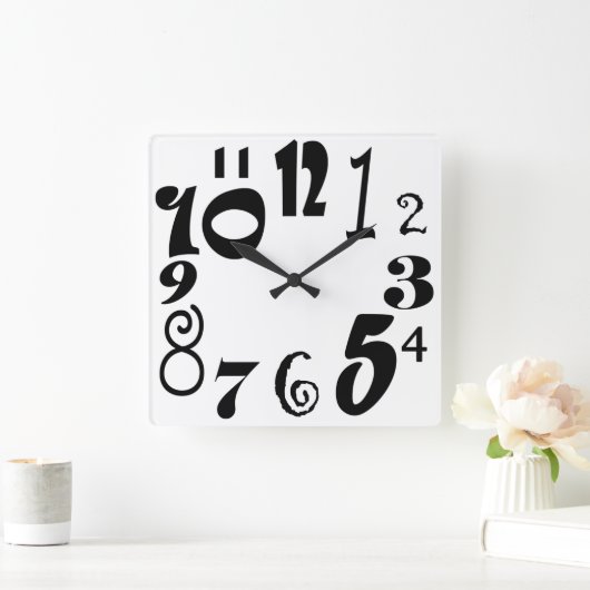 白ファンキーの黒い数字 スクエア壁時計 (ホーム)