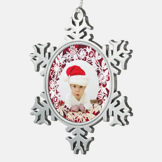 白ファンシーい漆器が赤と写真 スノーフレークピューターオーナメント (右)