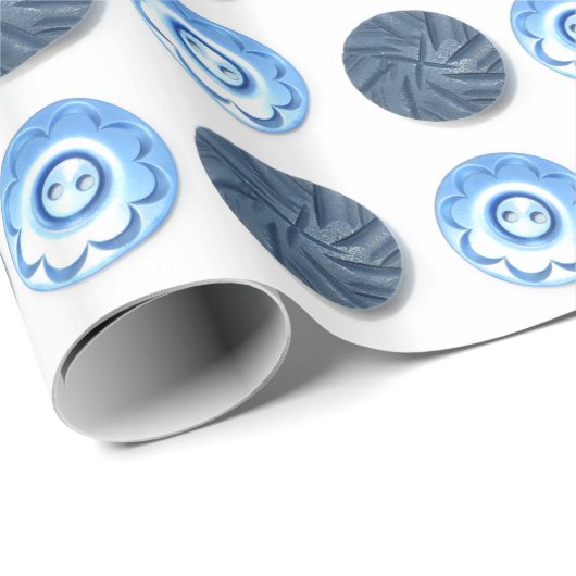 白ファンシーの青ボタンのパターン ラッピングペーパー (ロールコーナー)