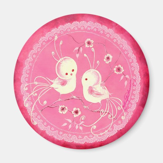 白ファンタジーの花とレース付き縁ど鳥 マグネット (正面)