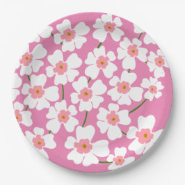 白ファンタジー花恋人パターンピンク ペーパープレート