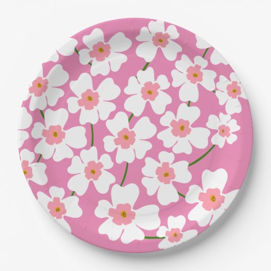 白ファンタジー花恋人パターンピンク ペーパープレート (正面)