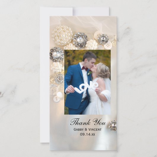 白フェイク真珠とダイヤモンドのボタン サンキューカード (正面)