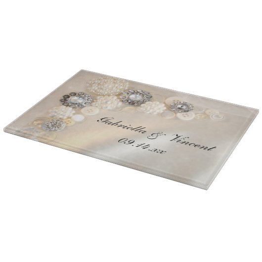 白フェイク真珠とダイヤモンドのボタ結婚ン カッティングボード (角)