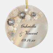 白フェイク真珠とダイヤモンドのボタ結婚ン セラミックオーナメント (正面)