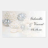 白フェイク真珠とダイヤモンドのボタ結婚ン 長方形シール (正面)