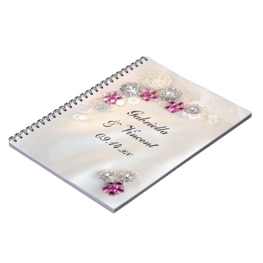 白フェイク真珠とピンクダイヤモンドボタ結婚ン ノートブック (左側)