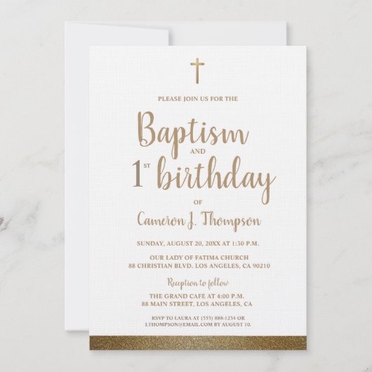 白フェイク金ゴールドクロスバプテスマと誕生日 招待状 (正面)