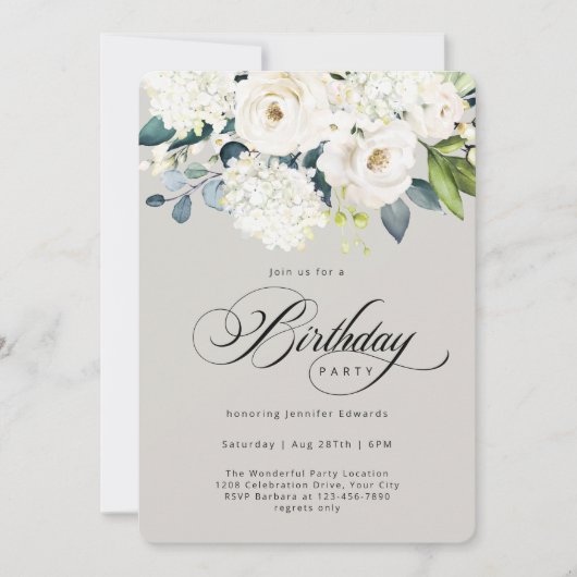 白フェミニンフローラ誕生会 招待状 (正面)