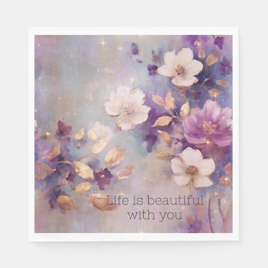 白フェミニン釉薬金ゴールド紫フローラ スタンダードランチョンナプキン (正面)