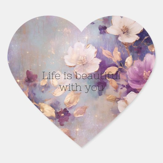 白フェミニン釉薬金ゴールド紫フローラ ハートシール (正面)